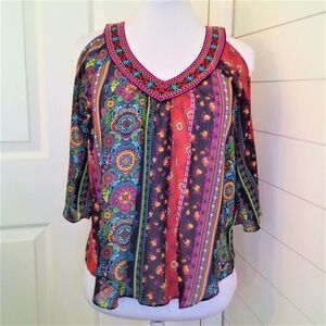 Embroidered Boho Top Colorful‎ Flowy Fiesta